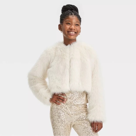 New Target Art Class Girls' Faux Fur Cropped Jacket Large 10/12 - Picture 6 of 8